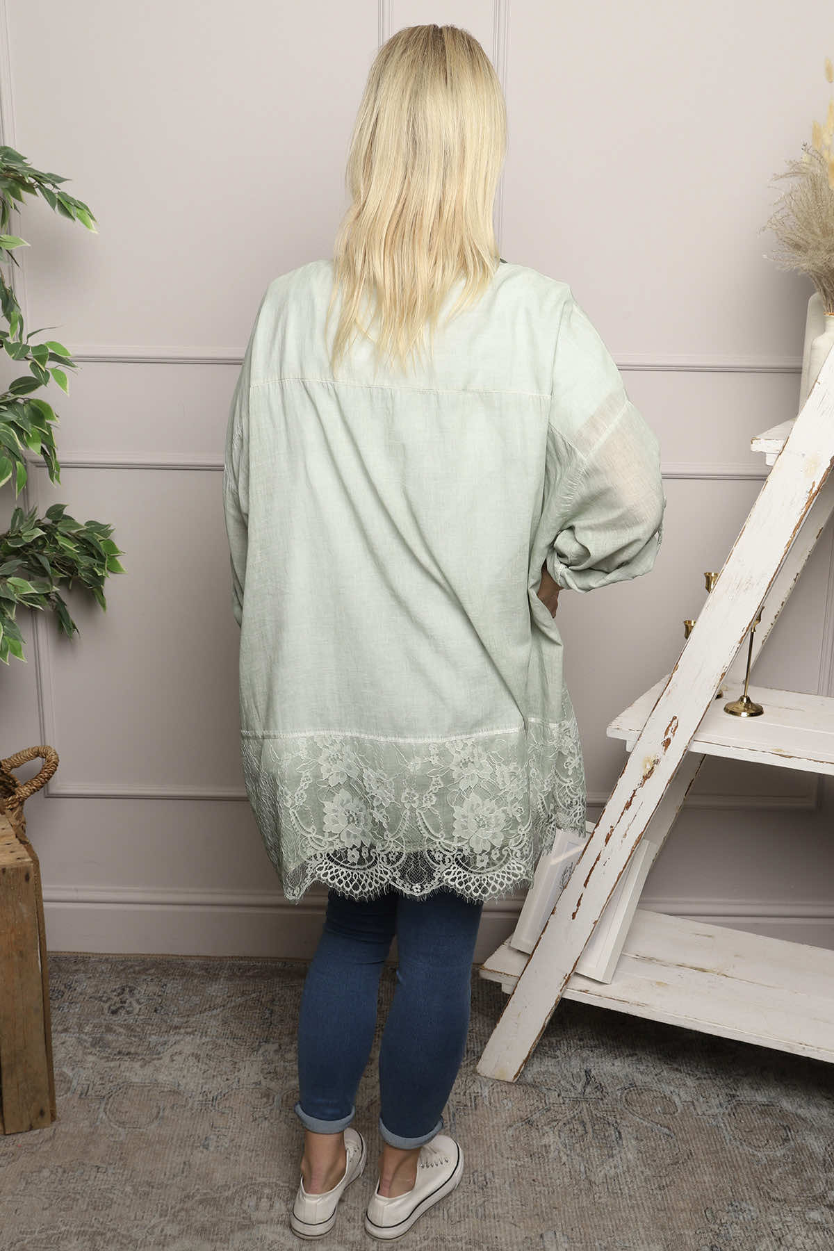 Reban Lace Trim Cotton Shirt Khaki