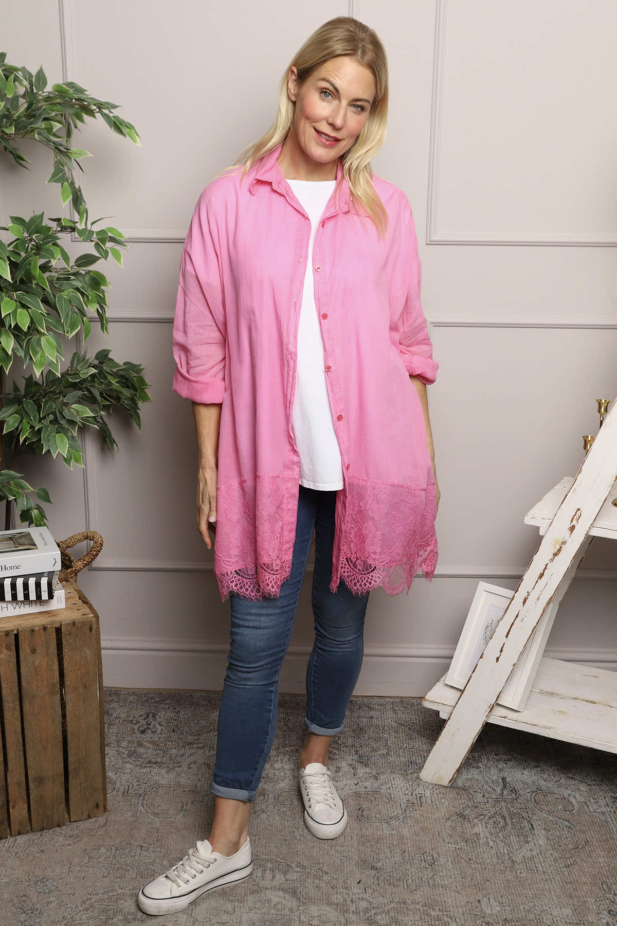Reban Lace Trim Cotton Shirt Fuchsia