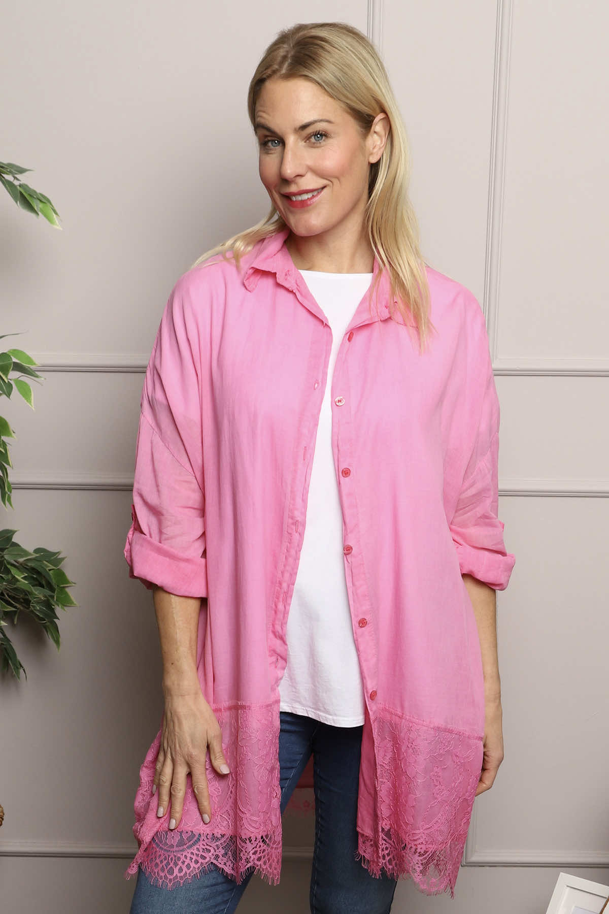 Reban Lace Trim Cotton Shirt Fuchsia