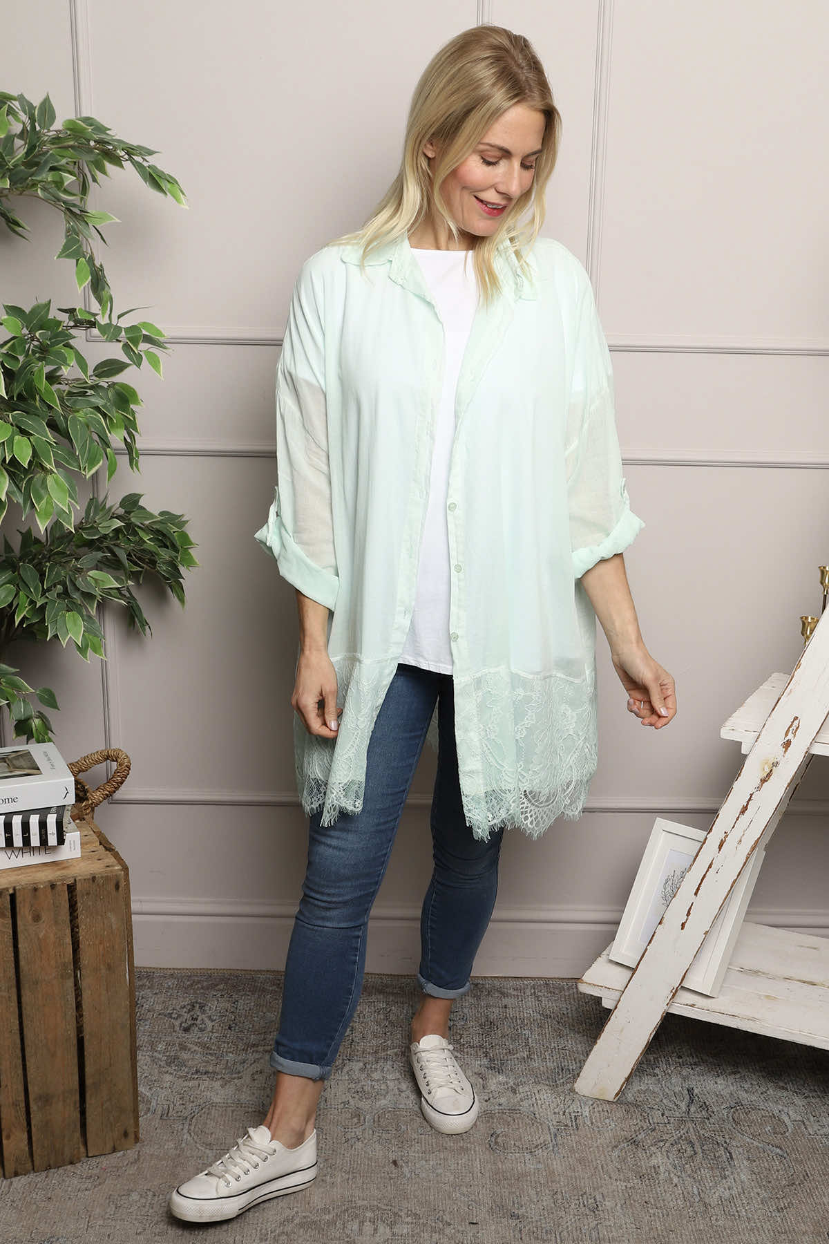 Reban Lace Trim Cotton Shirt Mint