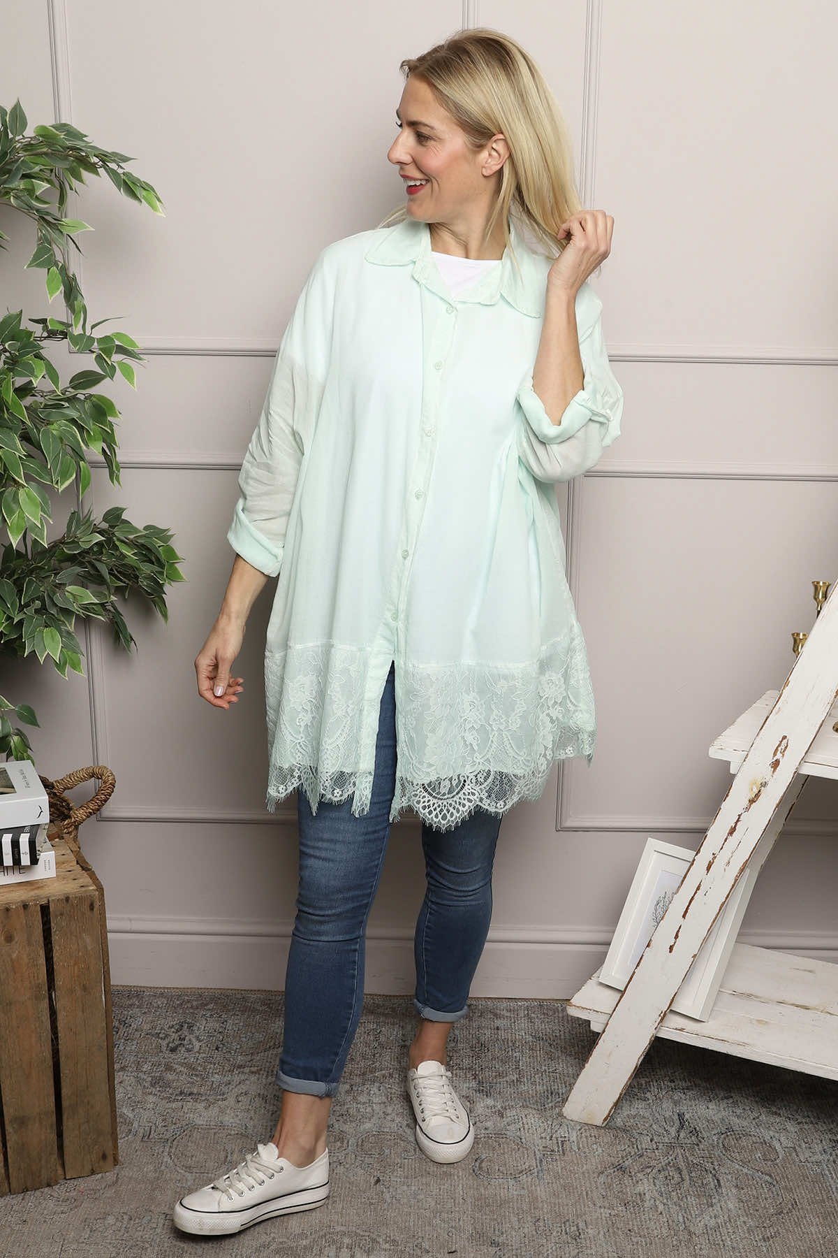 Reban Lace Trim Cotton Shirt Mint