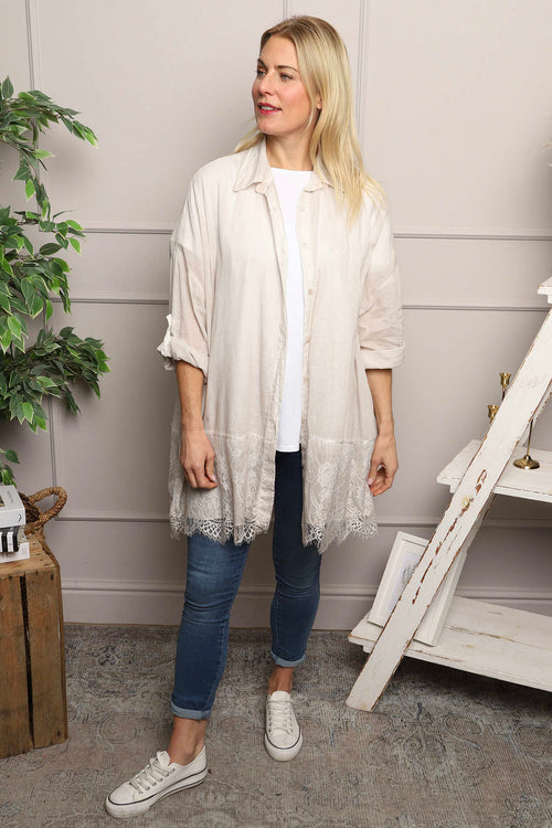 Reban Lace Trim Cotton Shirt Stone - Image 1