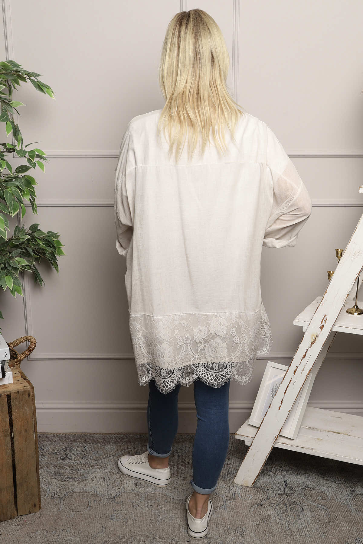 Reban Lace Trim Cotton Shirt Stone