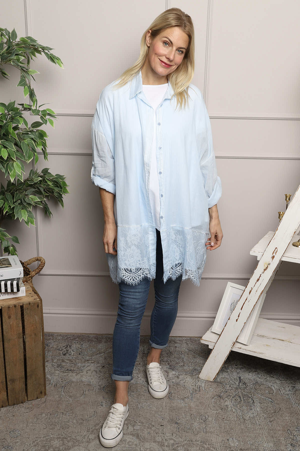 Reban Lace Trim Cotton Shirt Light Blue
