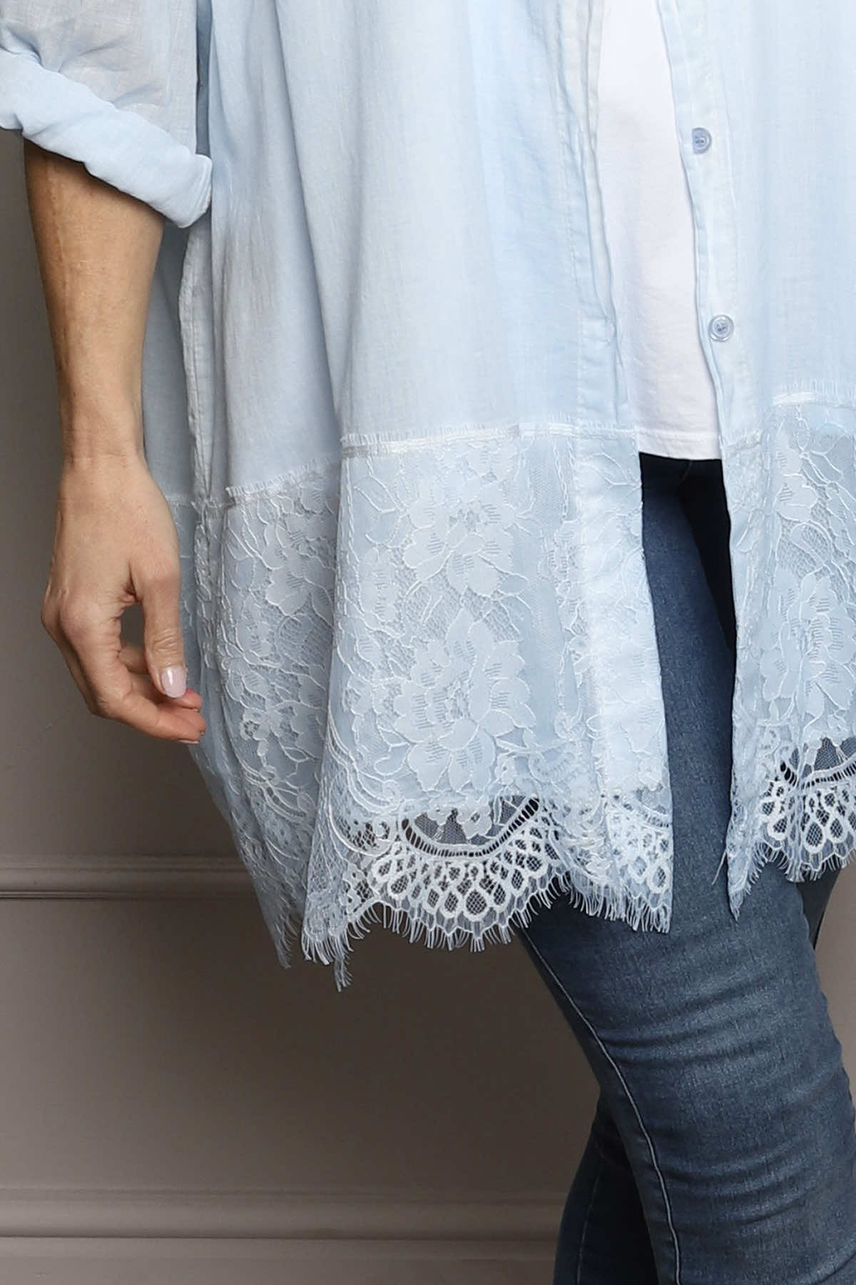 Reban Lace Trim Cotton Shirt Light Blue