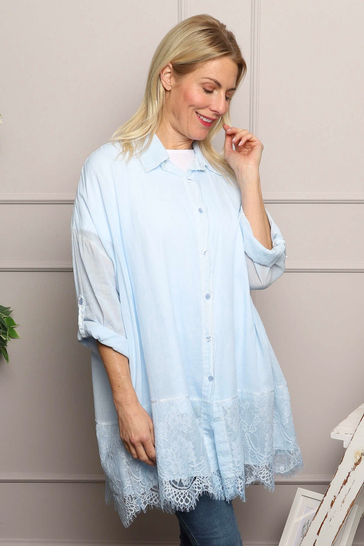 Reban Lace Trim Cotton Shirt Light Blue
