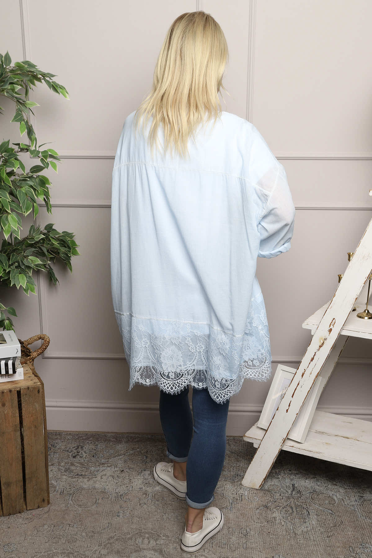 Reban Lace Trim Cotton Shirt Light Blue