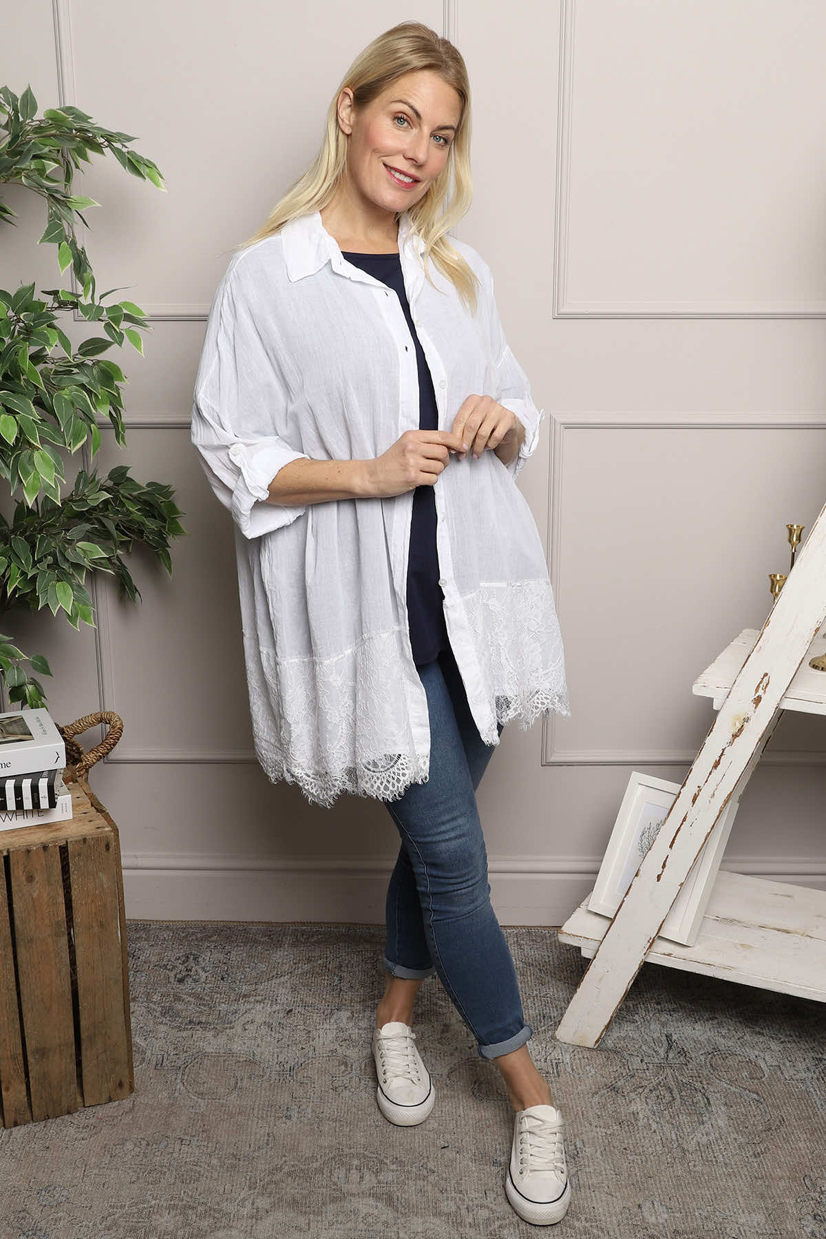 Reban Lace Trim Cotton Shirt White