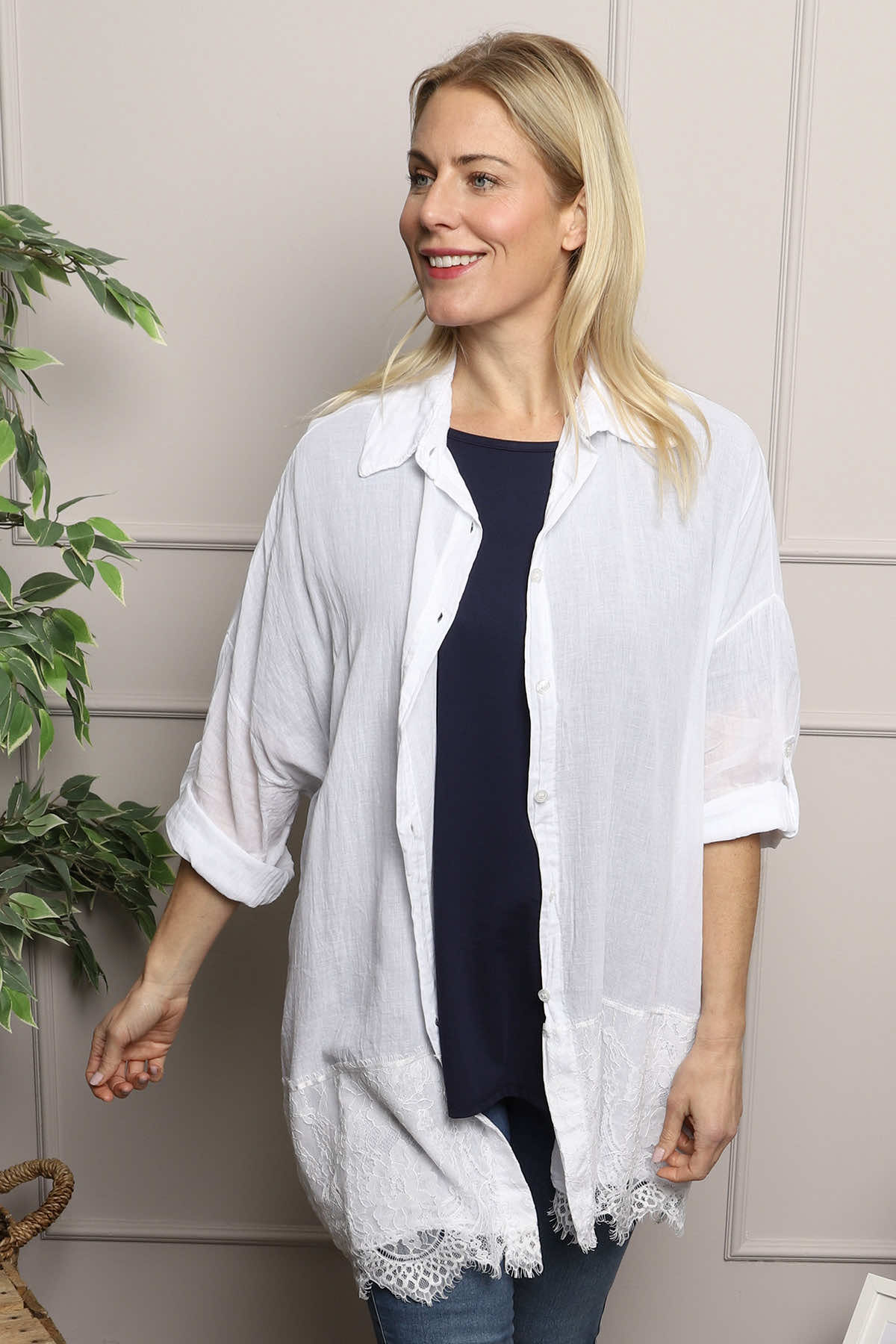 Reban Lace Trim Cotton Shirt White