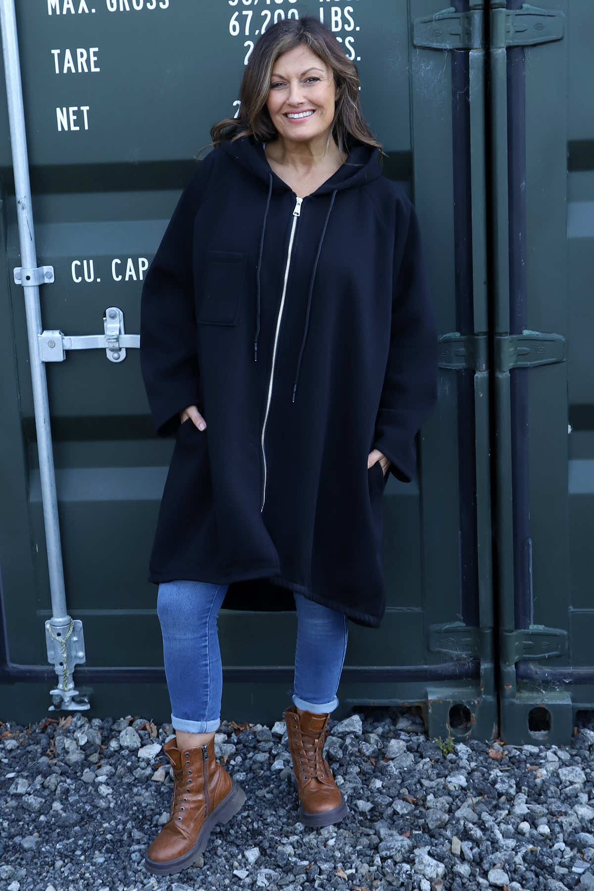 Emelina Zip Hooded Cotton Jacket Black