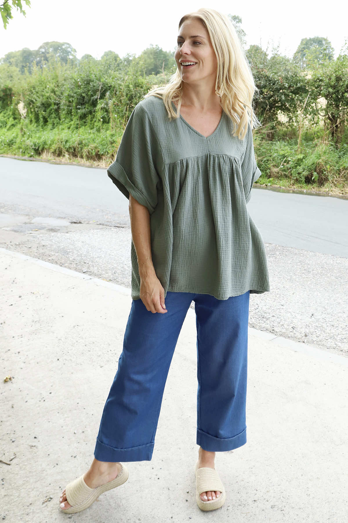 Ravello Crinkle Cotton Top Khaki