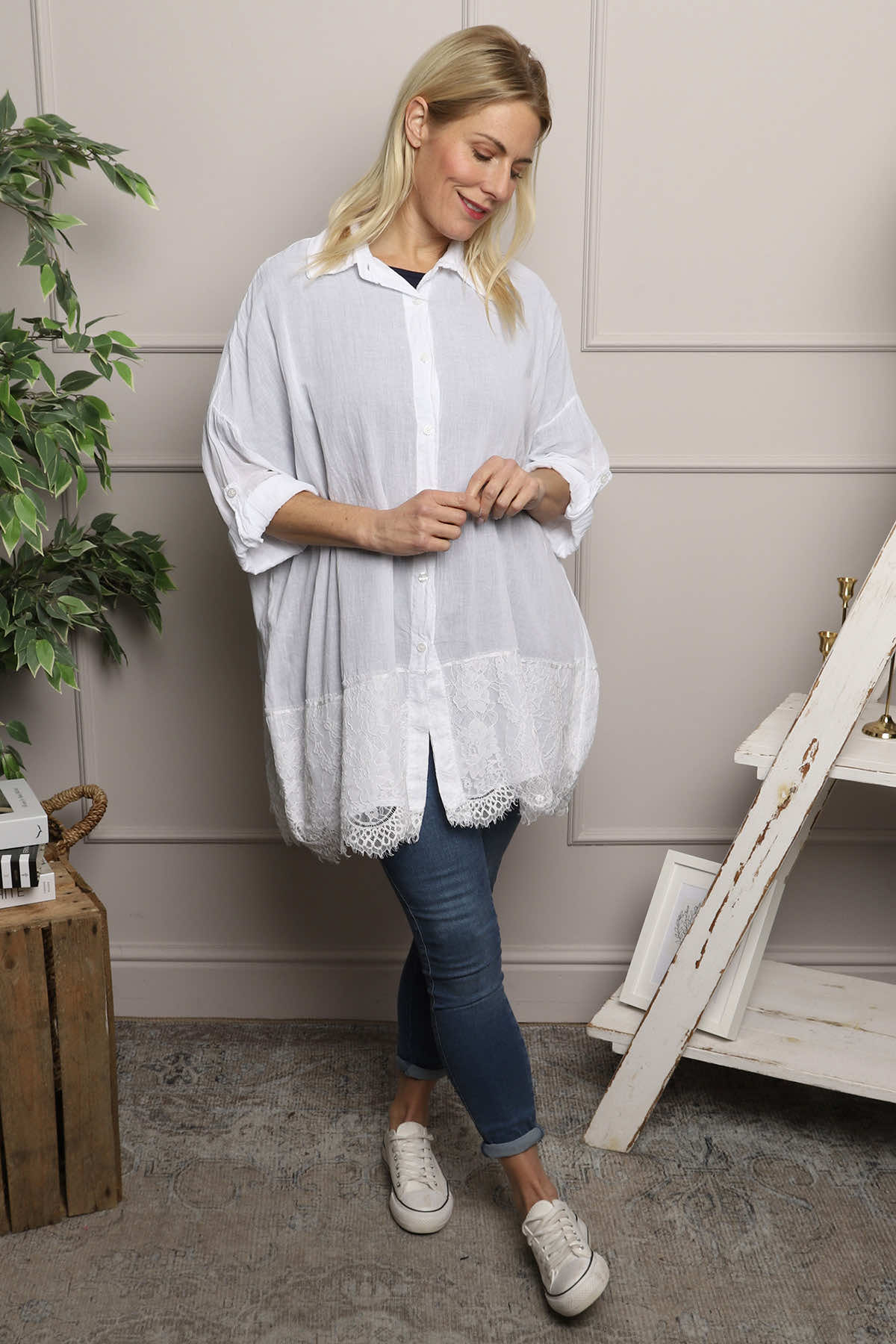Reban Lace Trim Cotton Shirt White