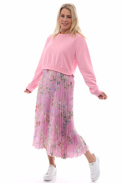 Kinzle Floral Pleated Jumper Dress Pink