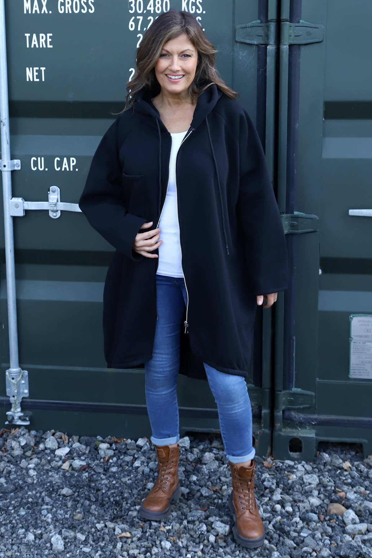 Emelina Zip Hooded Cotton Jacket Black