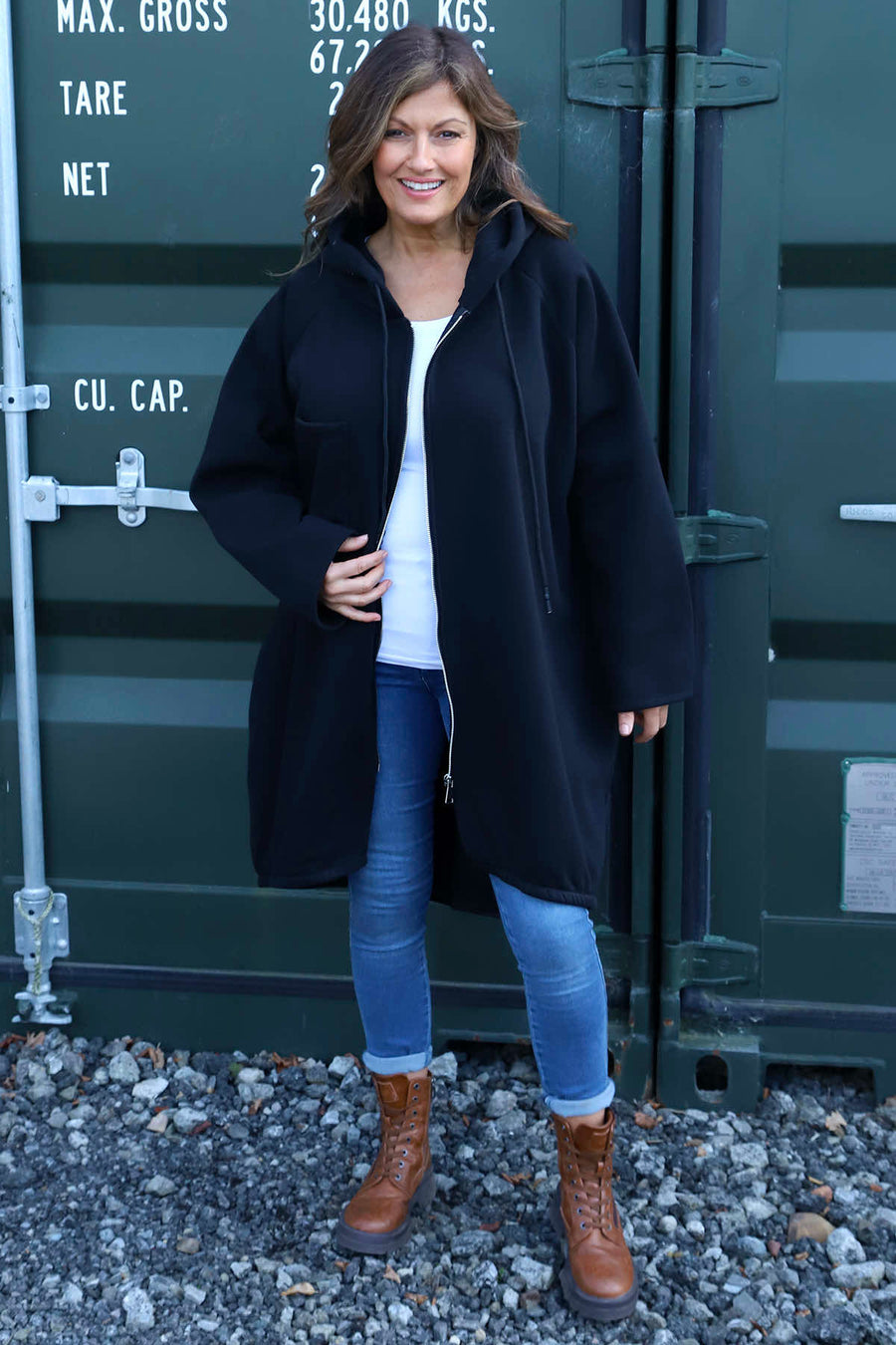 Emelina Zip Hooded Cotton Jacket Black