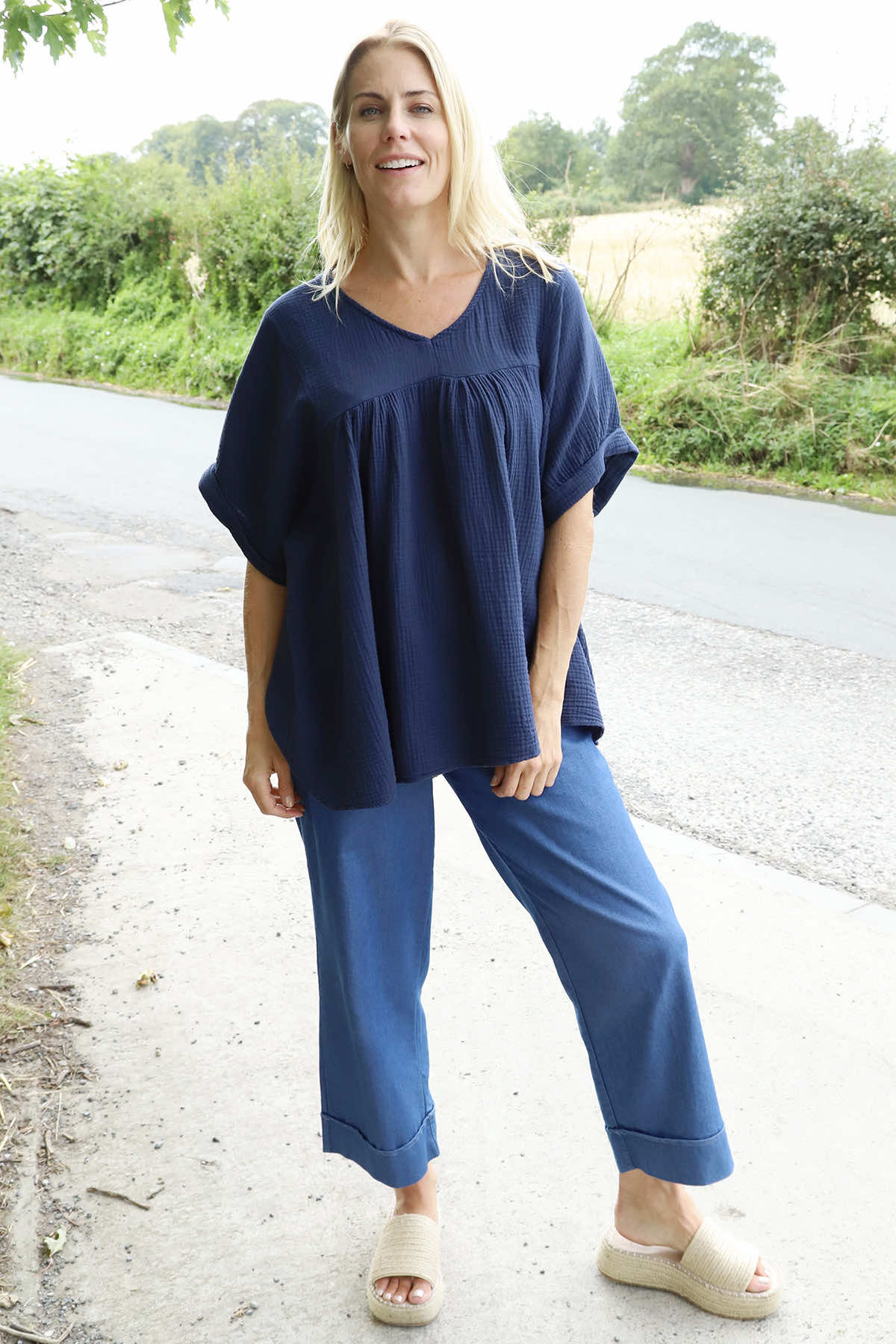 Ravello Crinkle Cotton Top Navy