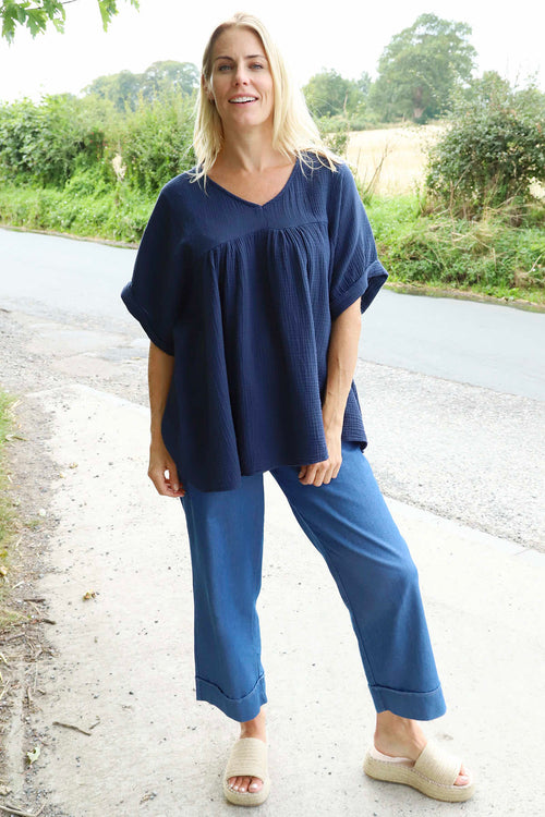 Ravello Crinkle Cotton Top Navy - Image 2