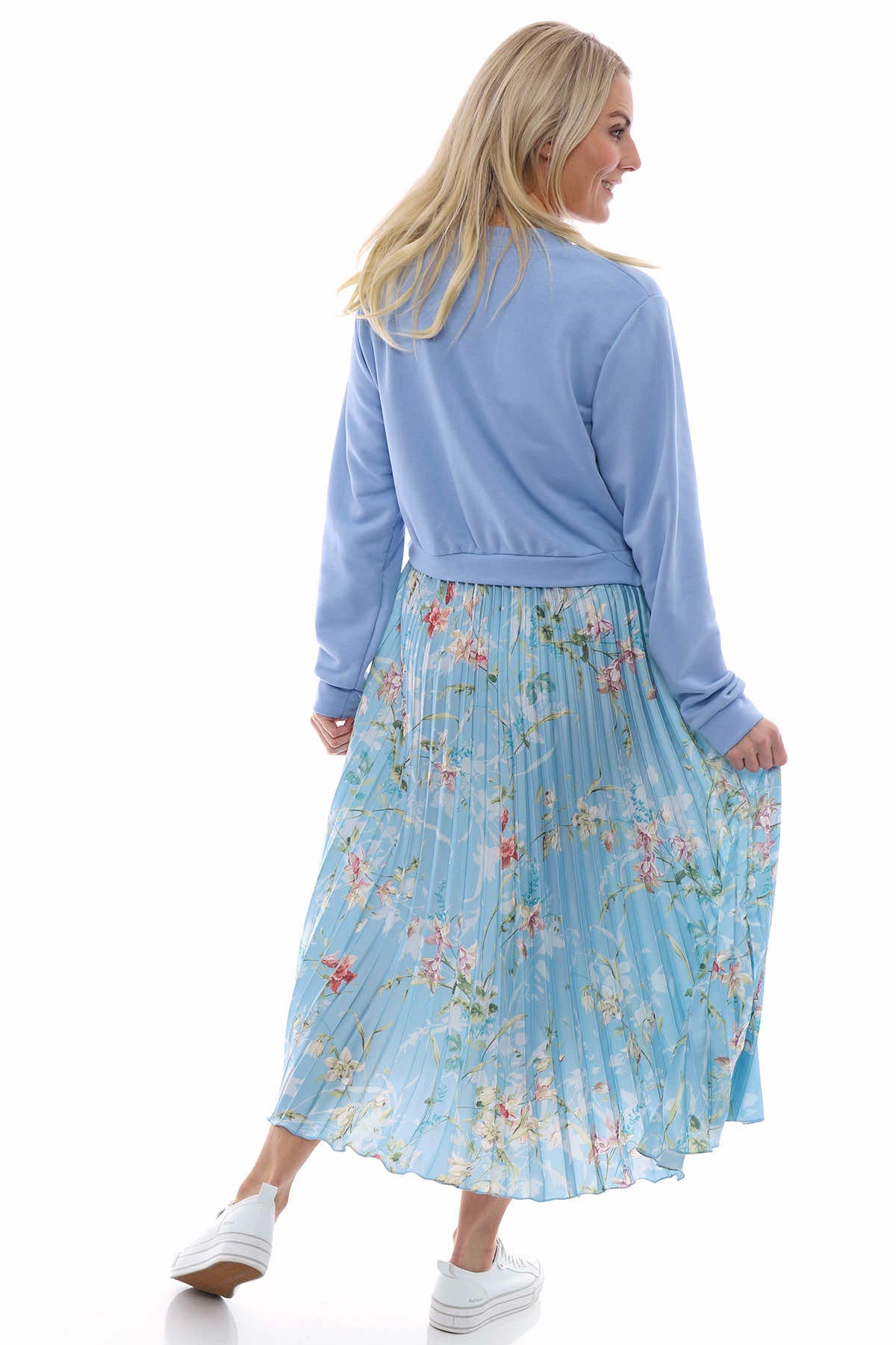 Kinzle Floral Pleated Jumper Dress Powder Blue