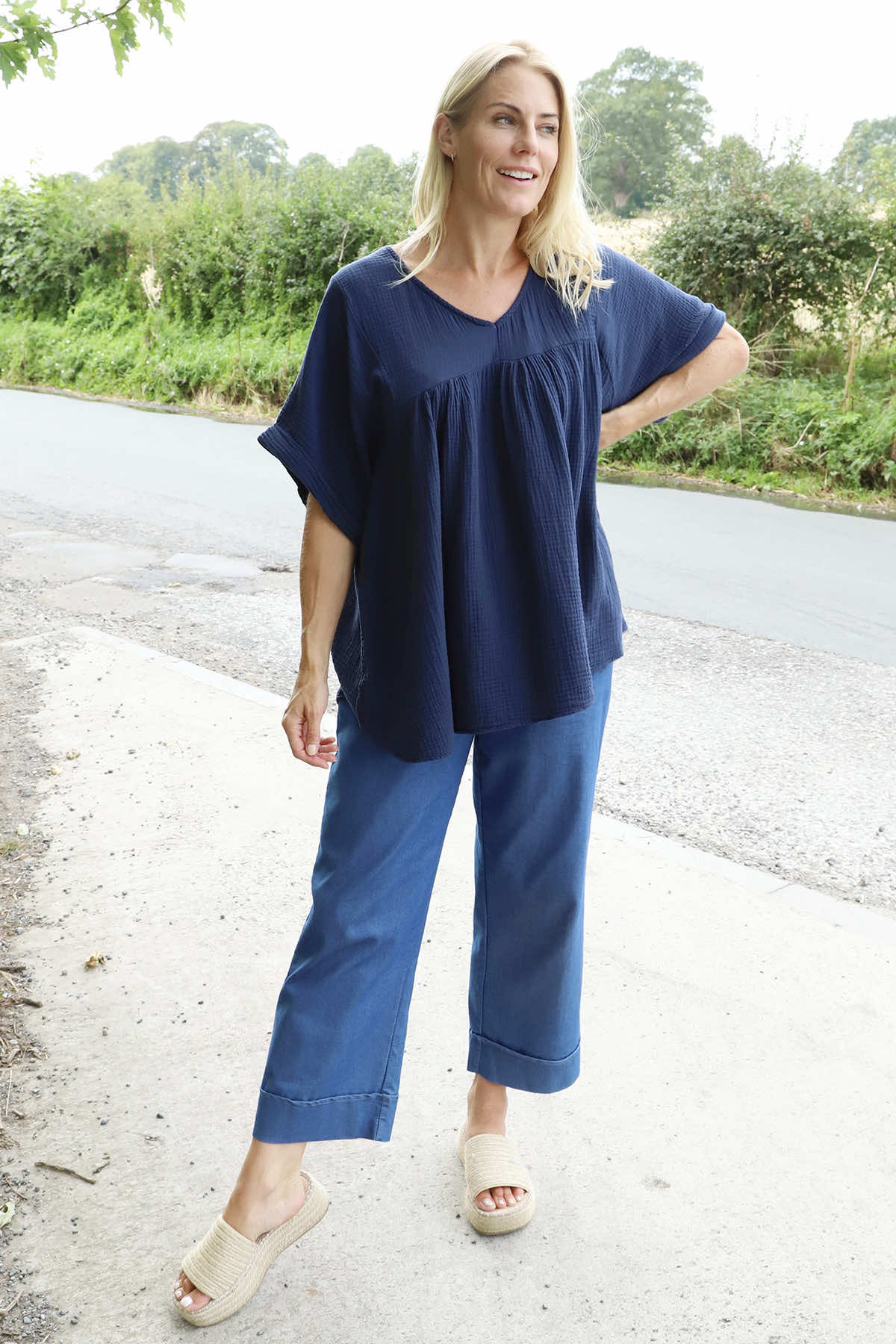 Ravello Crinkle Cotton Top Navy