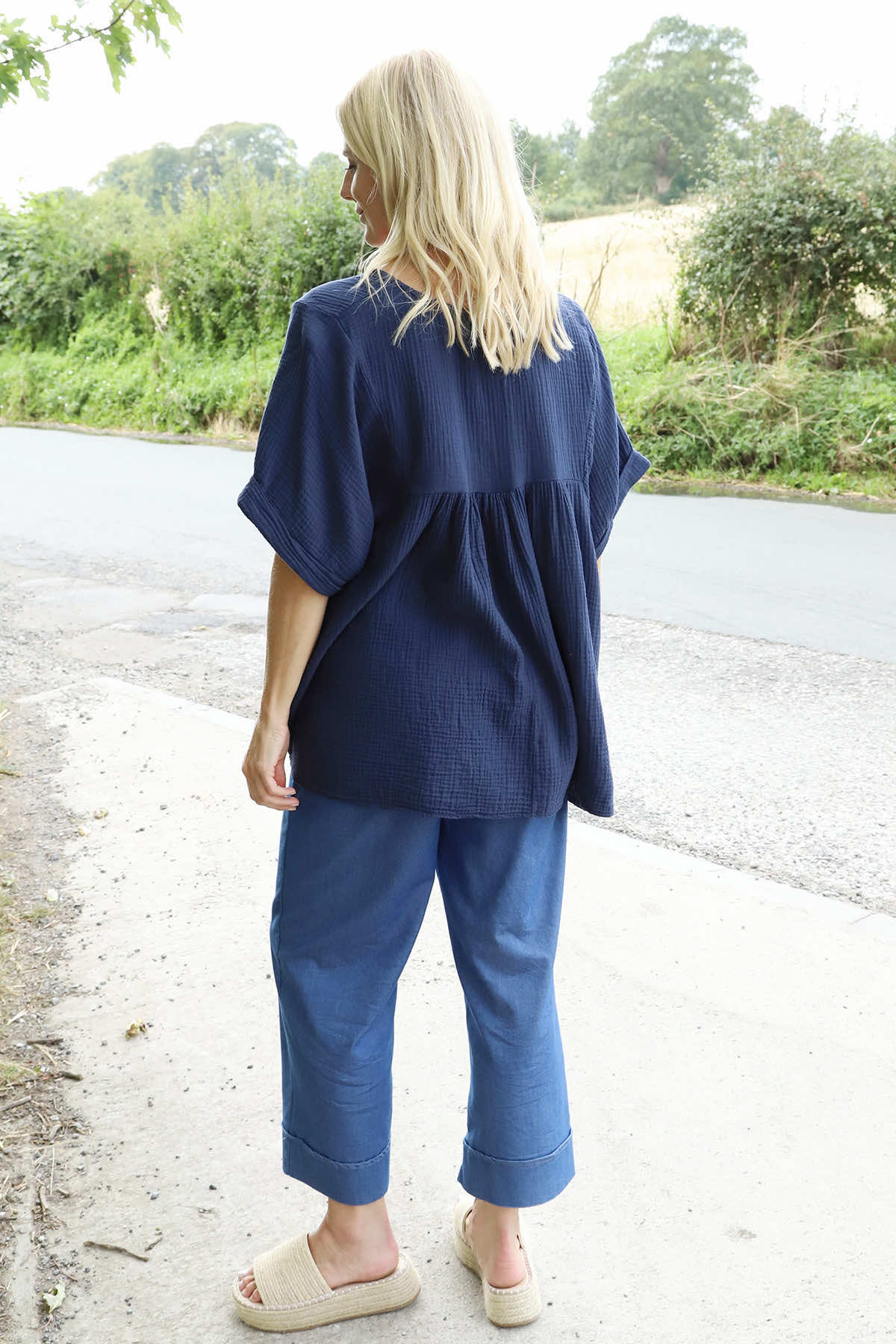 Ravello Crinkle Cotton Top Navy