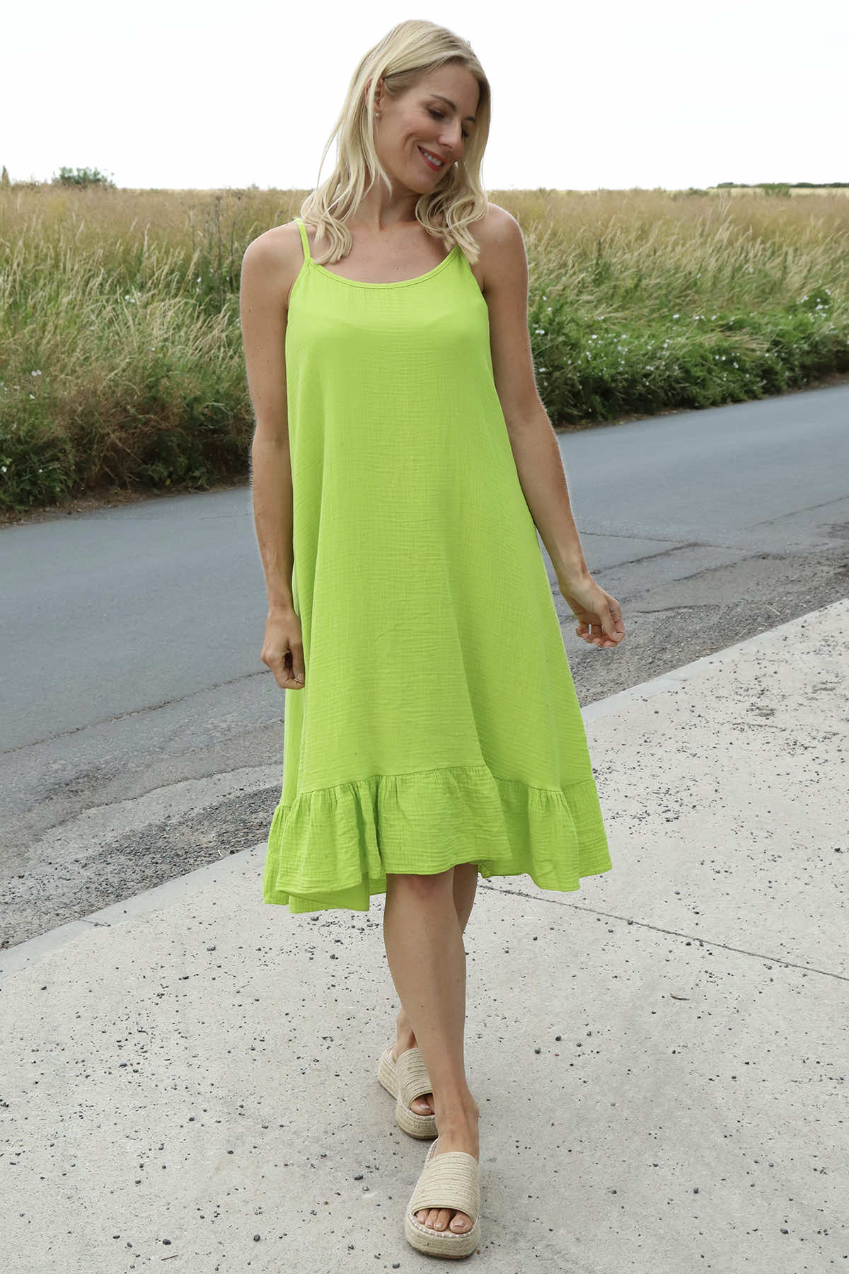 Rosaria Strap Crinkle Cotton Dress Lime