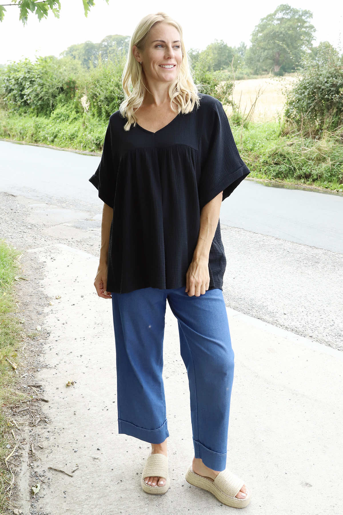 Ravello Crinkle Cotton Top Black