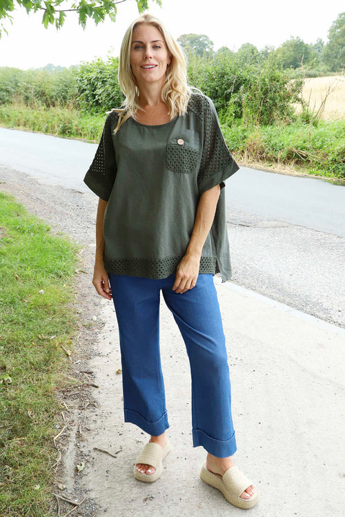 Kristiana Crochet Detail Linen Top Dark Khaki