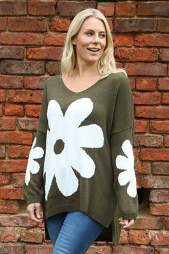 Joan Flower Knitted Jumper Khaki