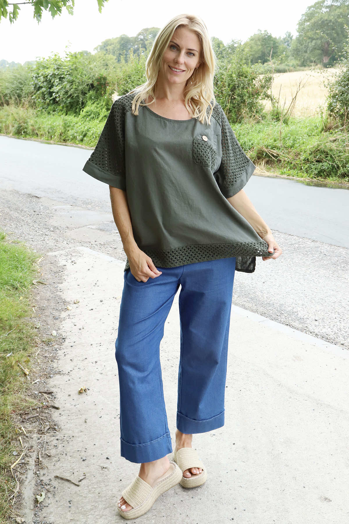 Kristiana Crochet Detail Linen Top Dark Khaki