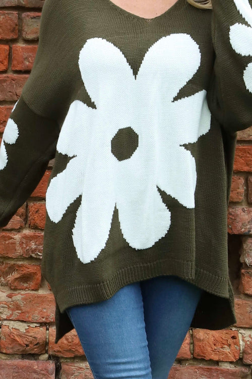 Joan Flower Knitted Jumper Khaki - Image 3