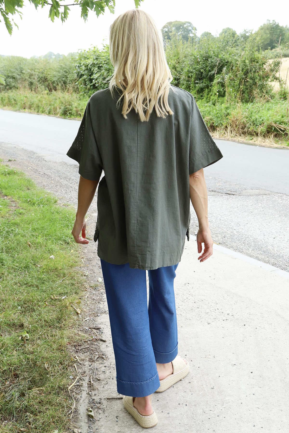 Kristiana Crochet Detail Linen Top Dark Khaki