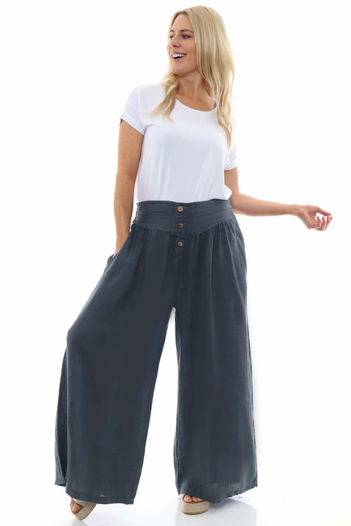Evelyn Button Linen Trousers Charcoal