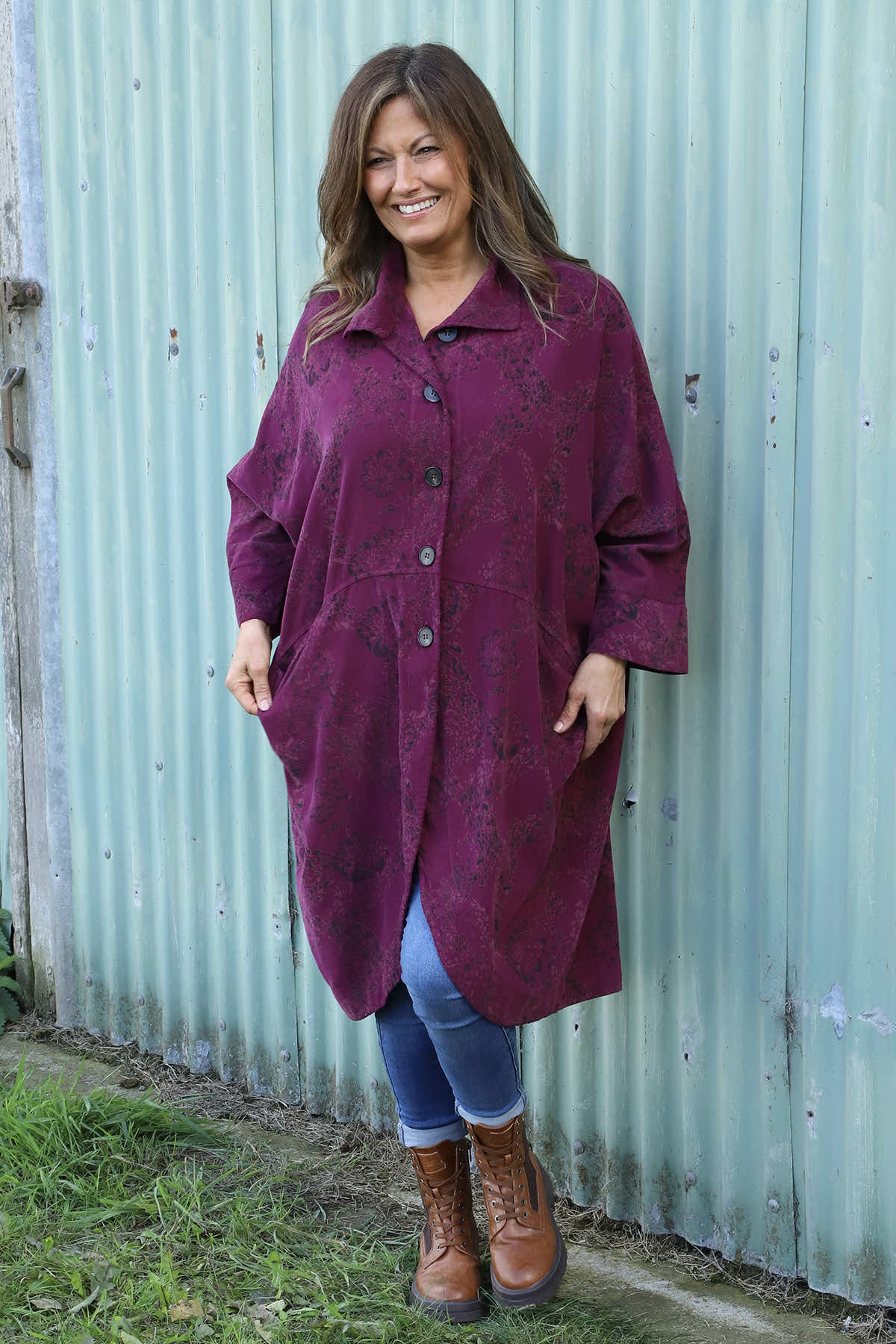 Ember Print Needlecord Shirt Burgundy