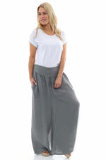 Evelyn Button Linen Trousers Mid Grey Mid Grey - Evelyn Button Linen Trousers Mid Grey