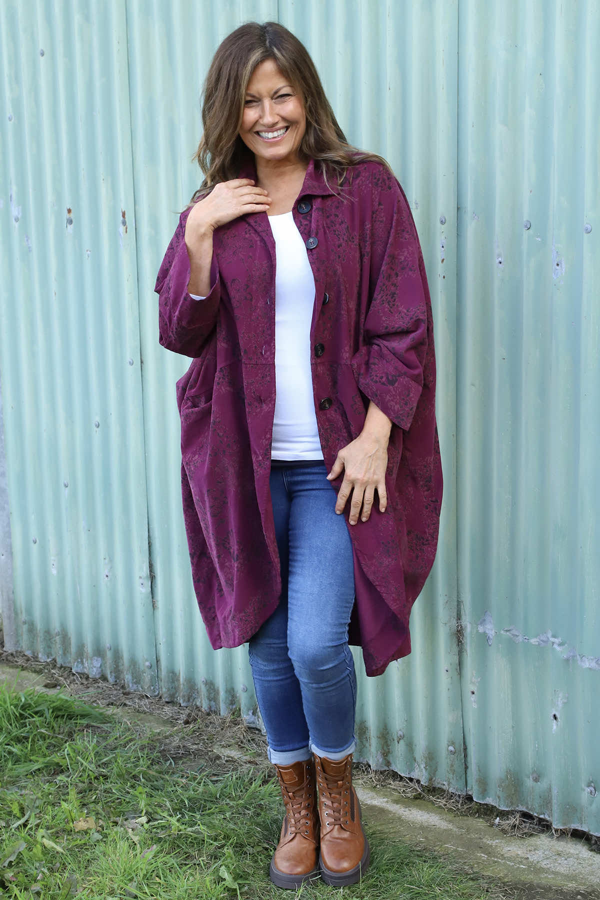 Ember Print Needlecord Shirt Burgundy