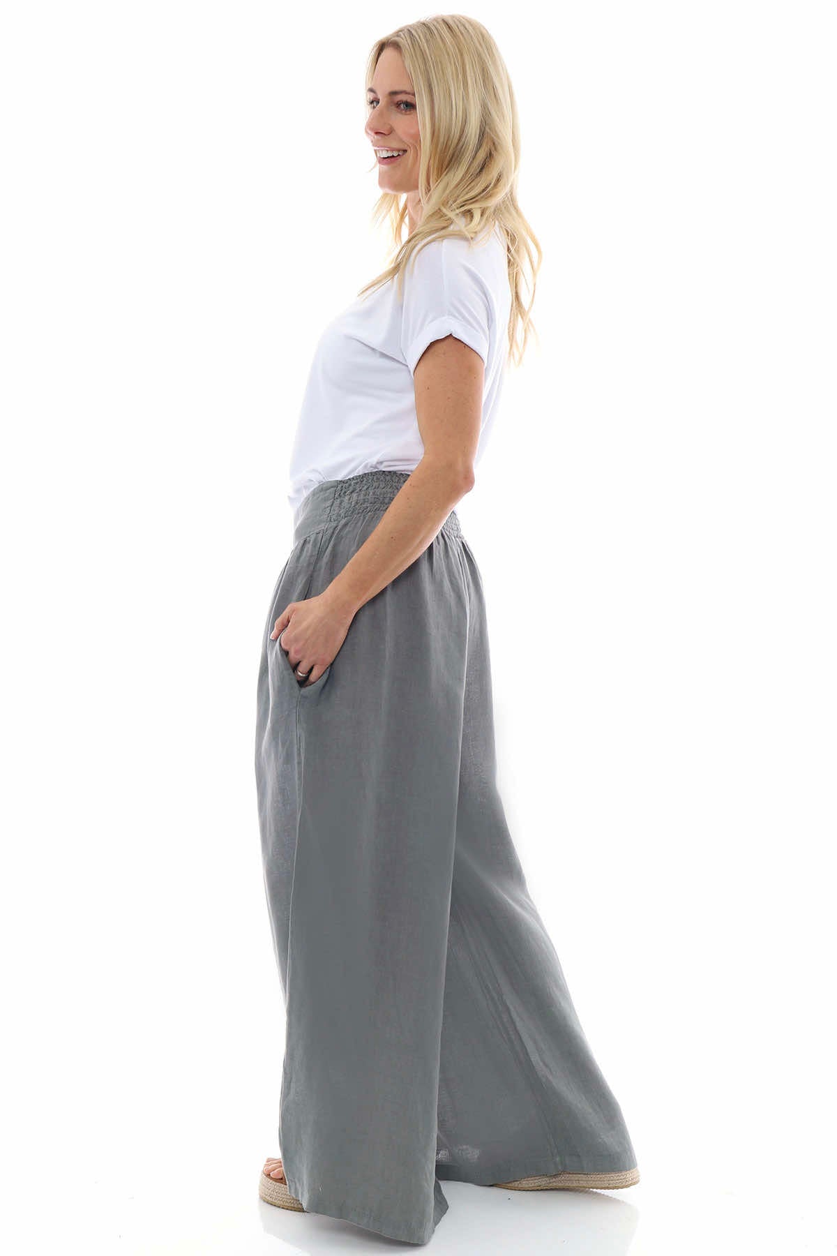 Evelyn Button Linen Trousers Mid Grey