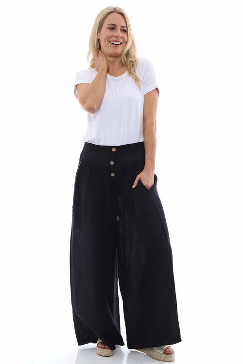 Evelyn Button Linen Trousers Black