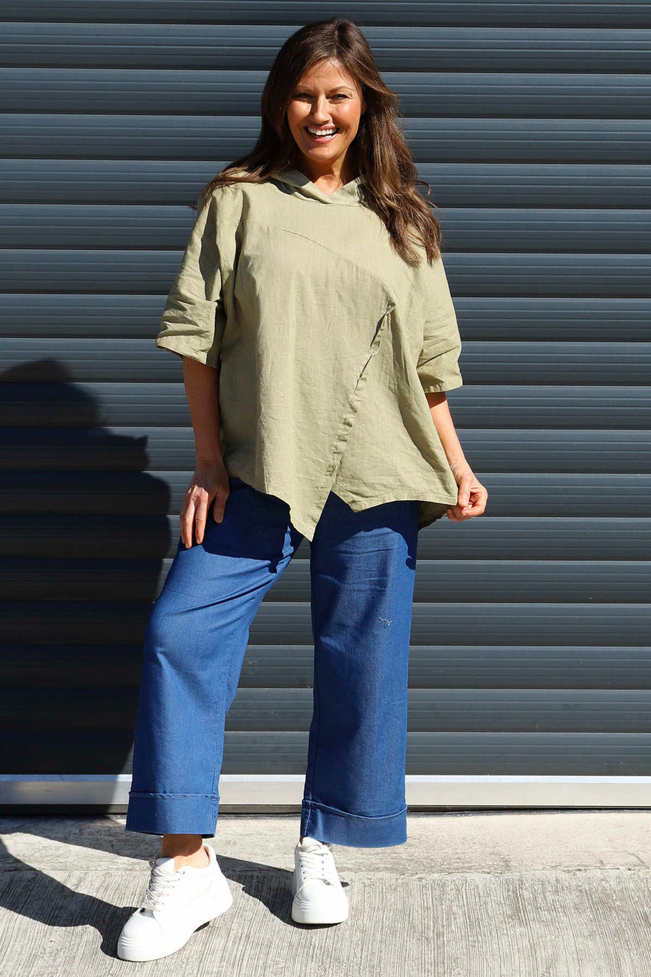 Annalee Hooded Linen Top Khaki