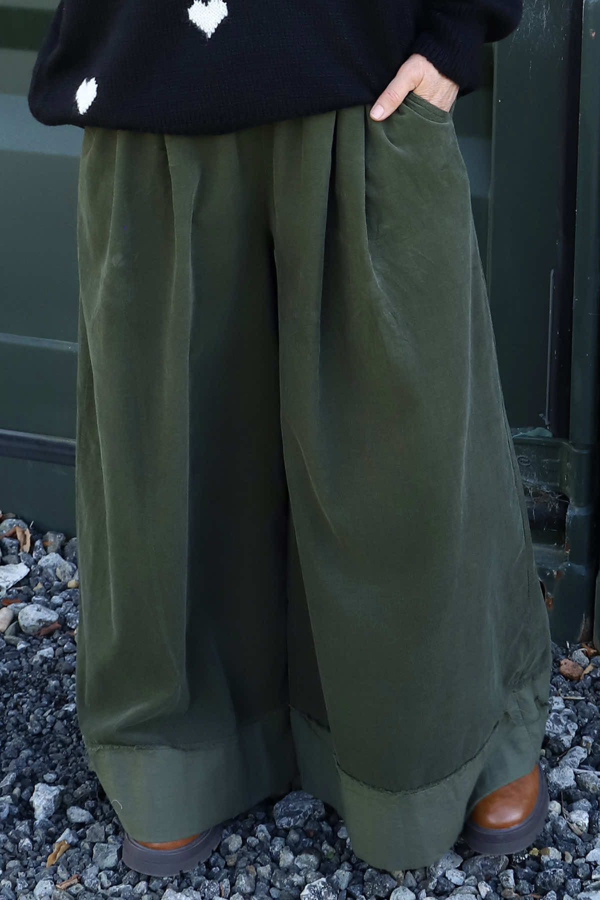 Odette Wide Leg Needlecord Trousers Khaki