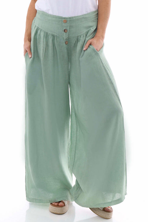 Evelyn Button Linen Trousers Mint - Image 3