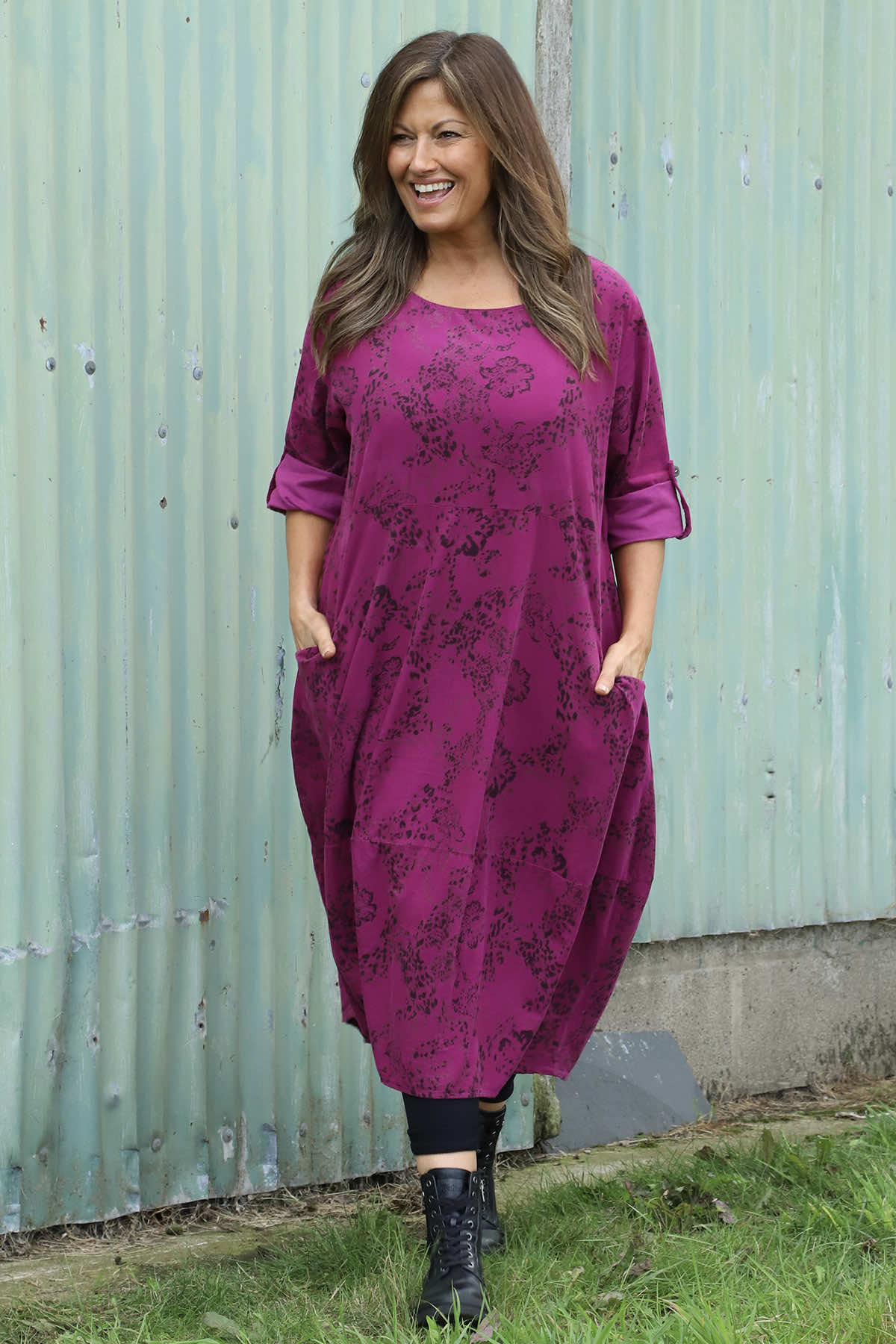 Penelope Pattern Pocket Needlecord Dress Berry