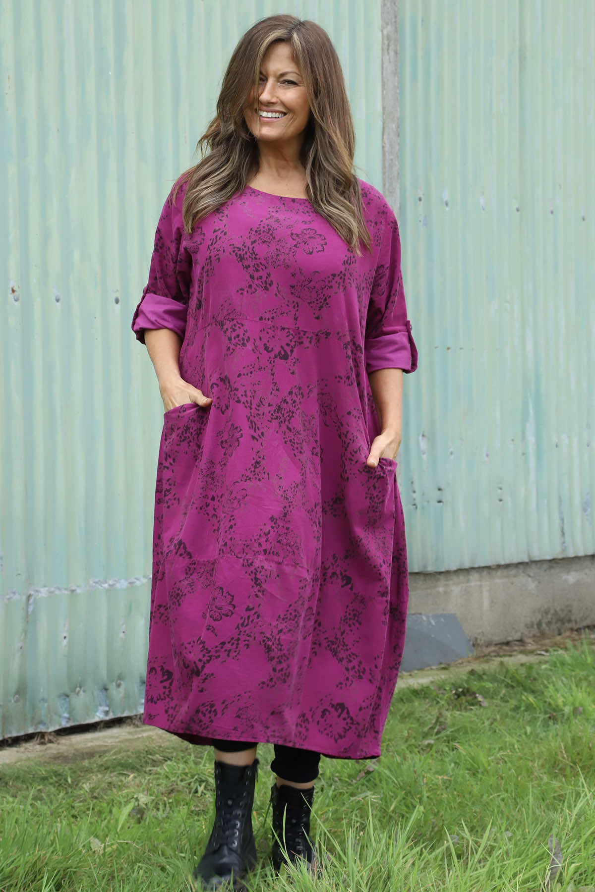 Penelope Pattern Pocket Needlecord Dress Berry