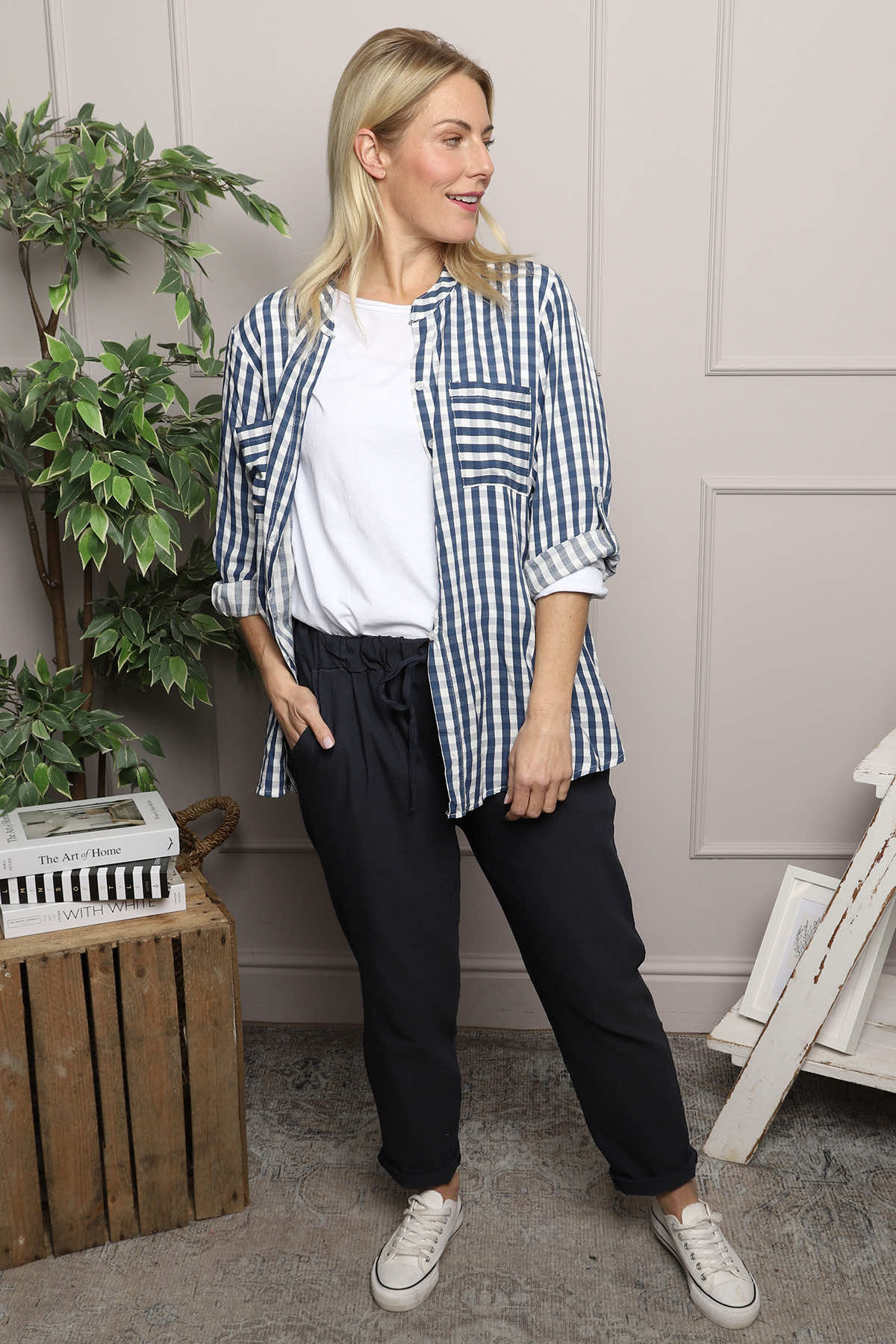 Jaynie Gingham Tie Front Shirt Navy