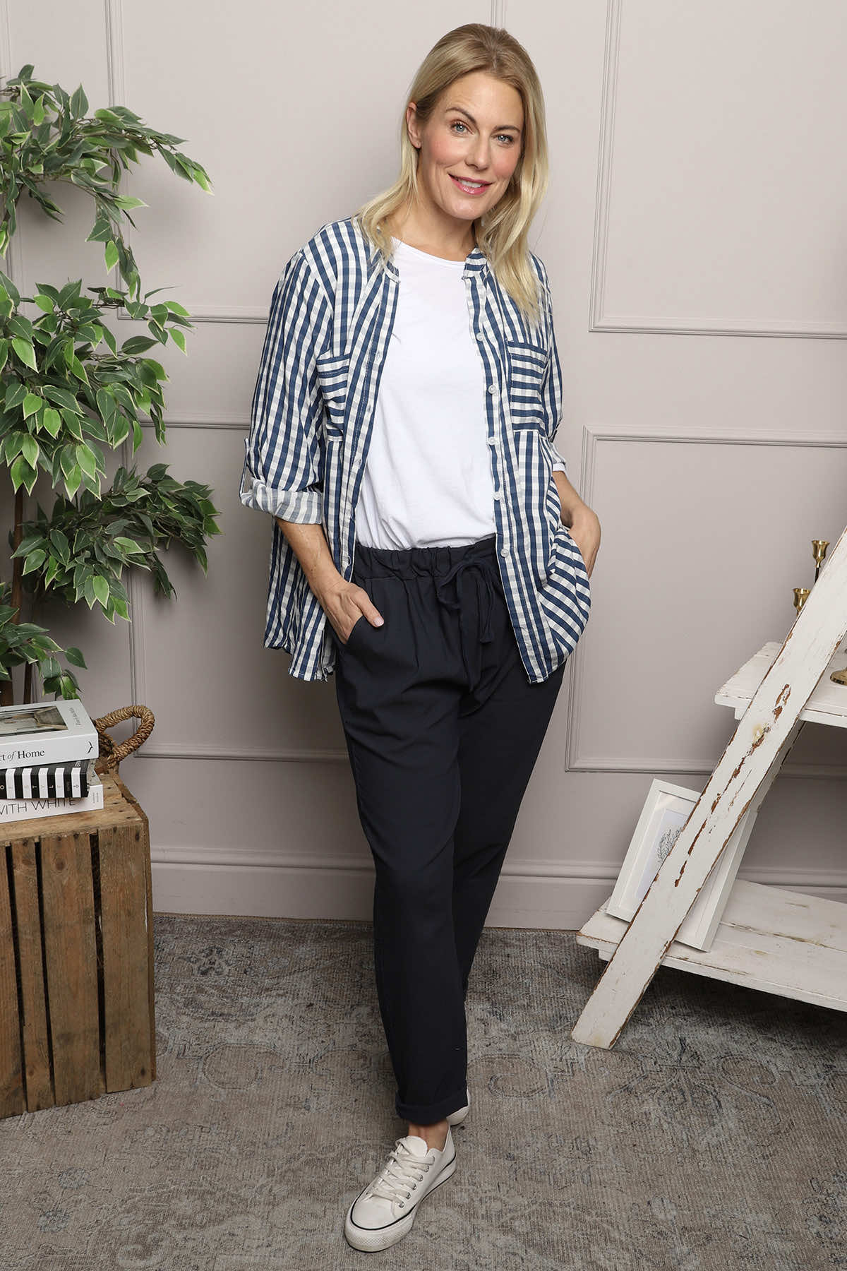 Jaynie Gingham Tie Front Shirt Navy