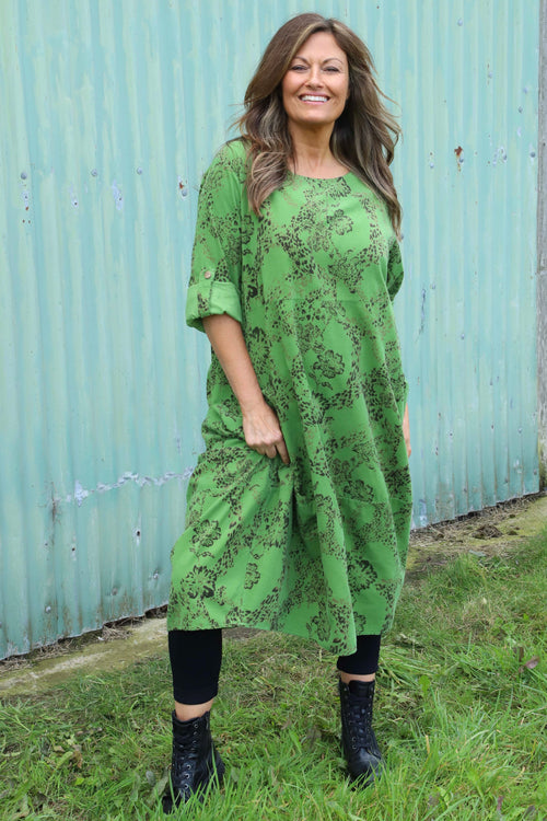 Penelope Pattern Pocket Needlecord Dress Green