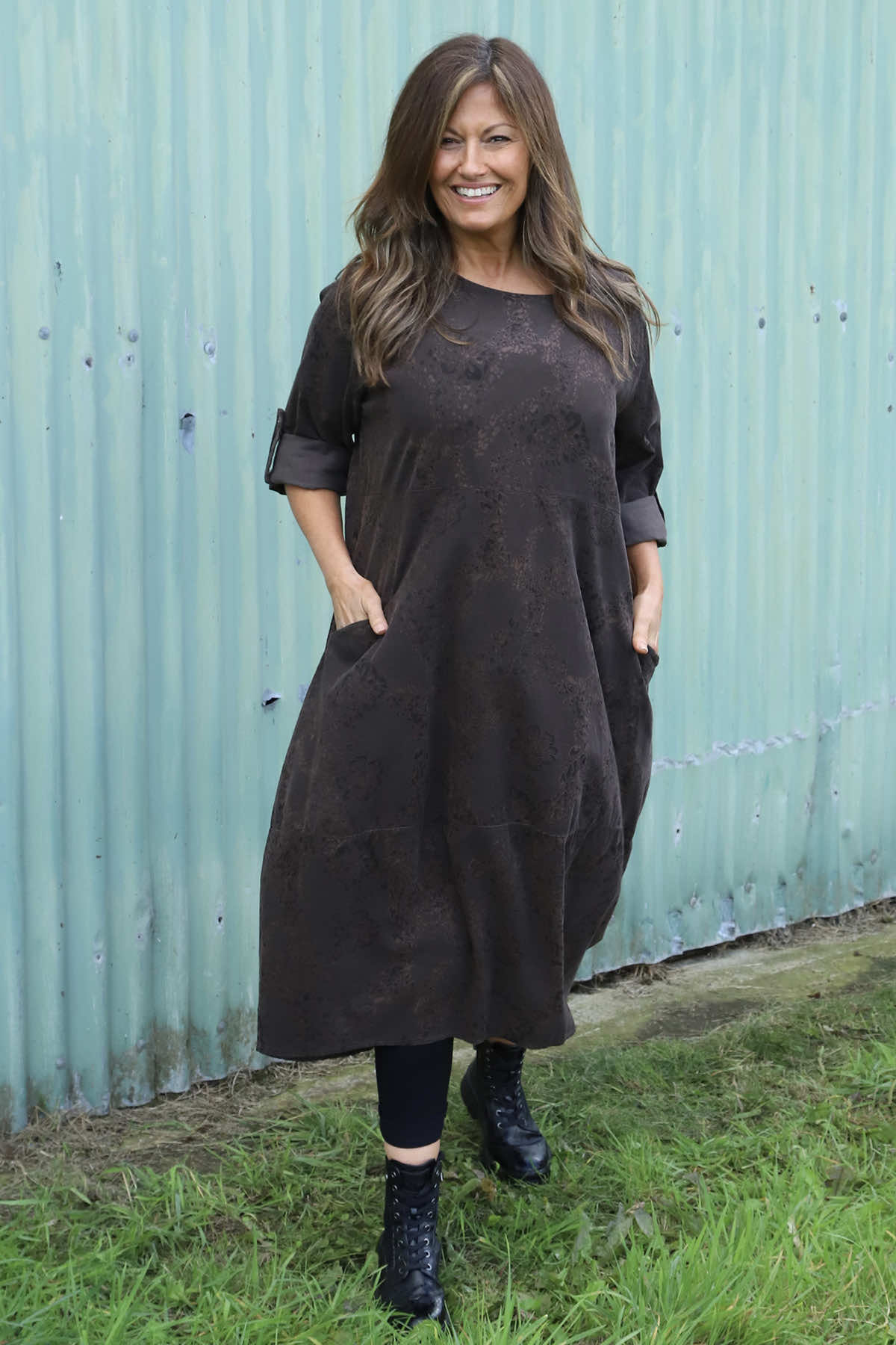 Penelope Pattern Pocket Needlecord Dress Cocoa