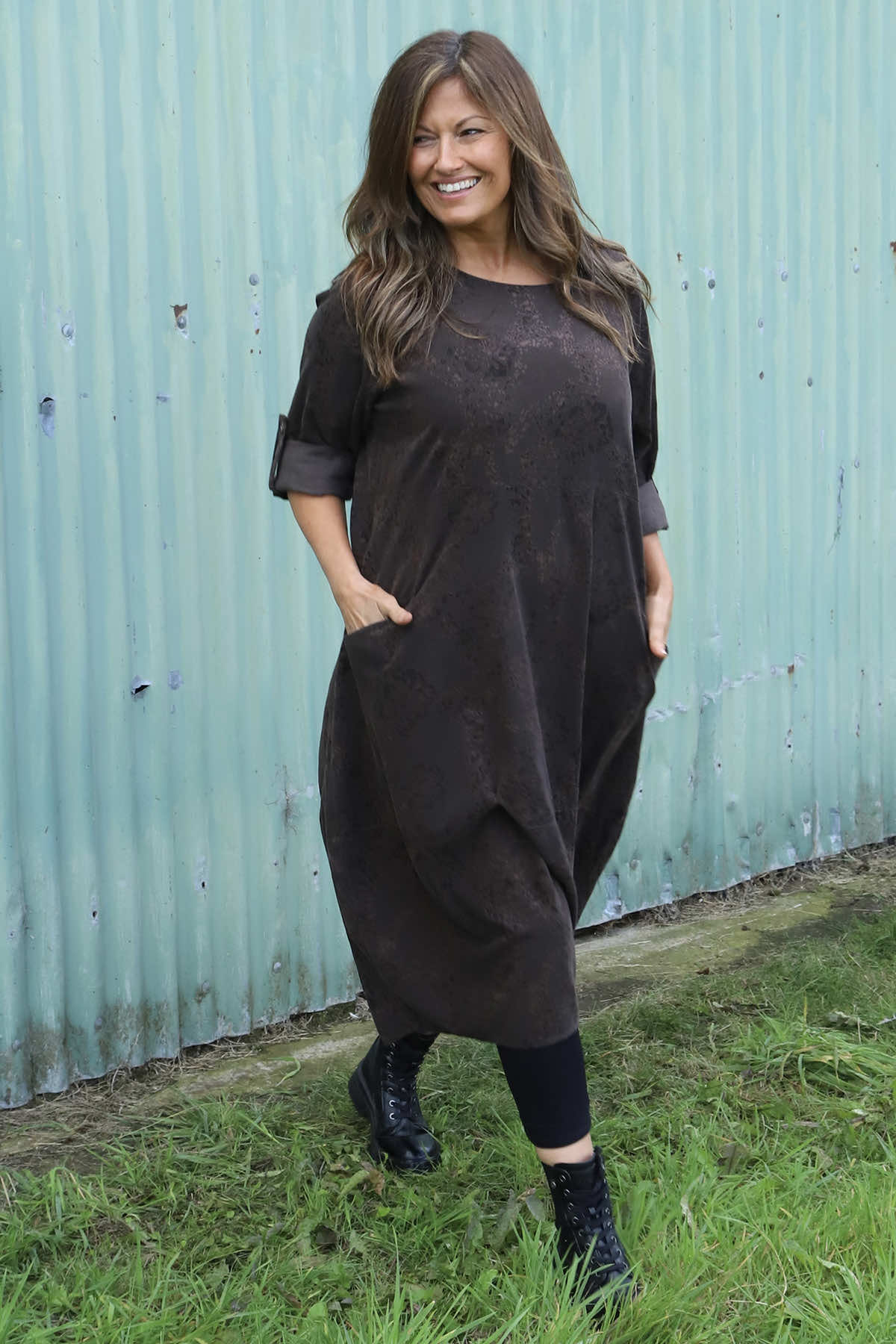 Penelope Pattern Pocket Needlecord Dress Cocoa