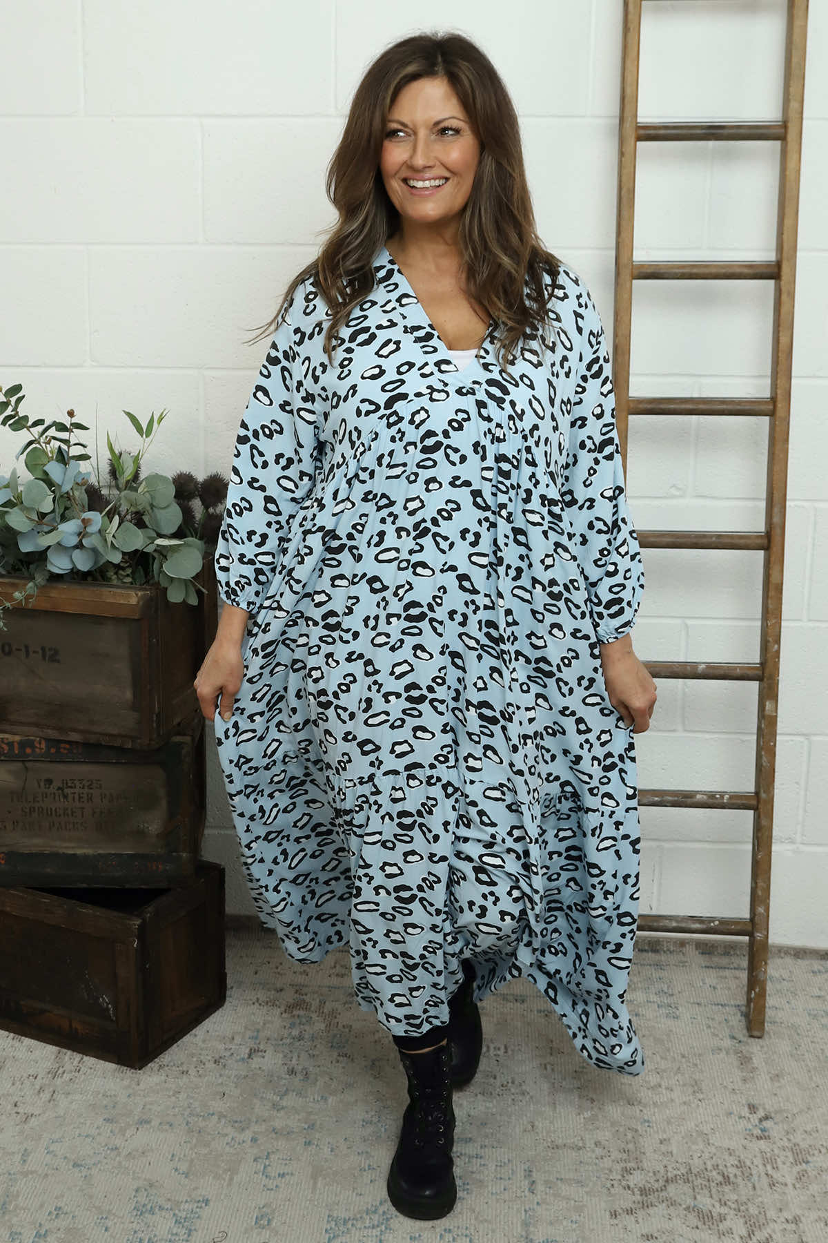 Izarra Leopard Print Dress Light Blue