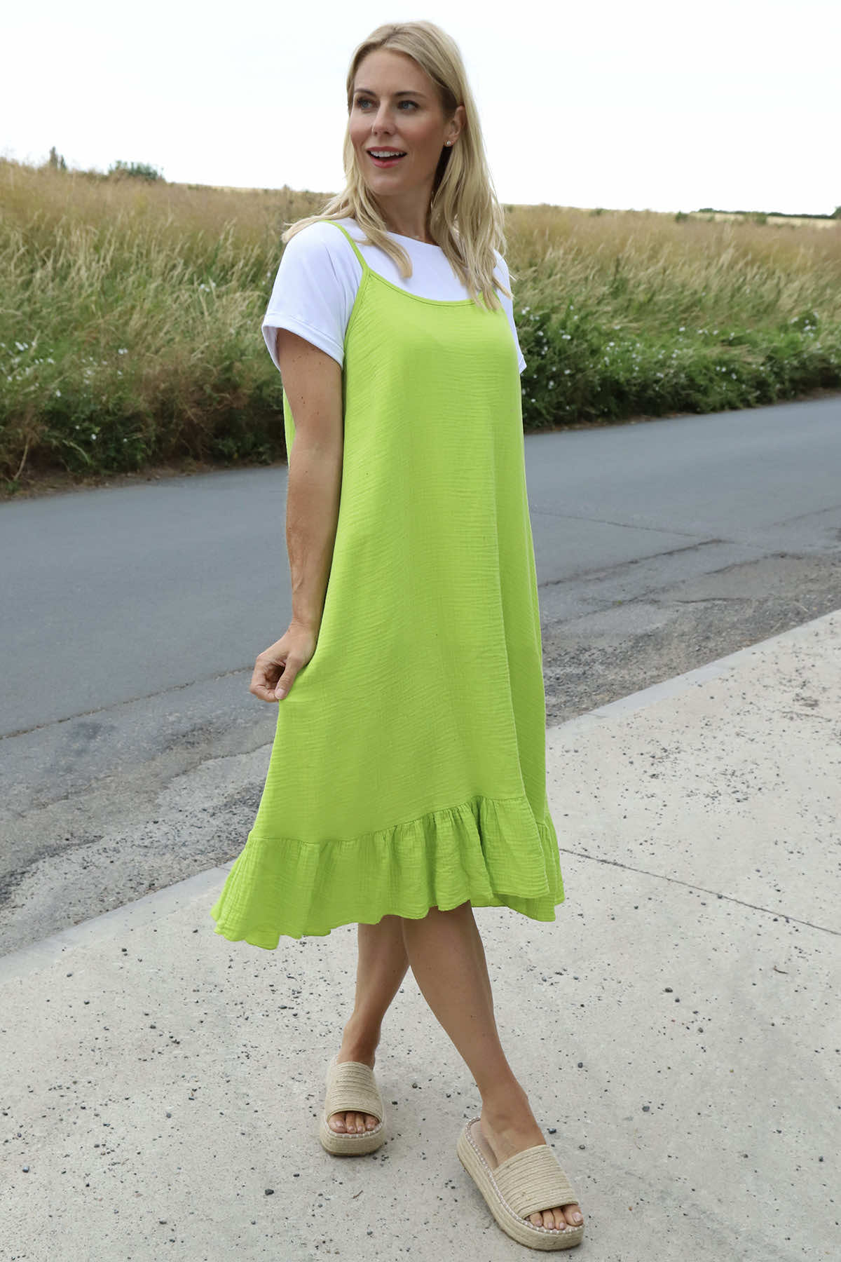 Rosaria Strap Crinkle Cotton Dress Lime