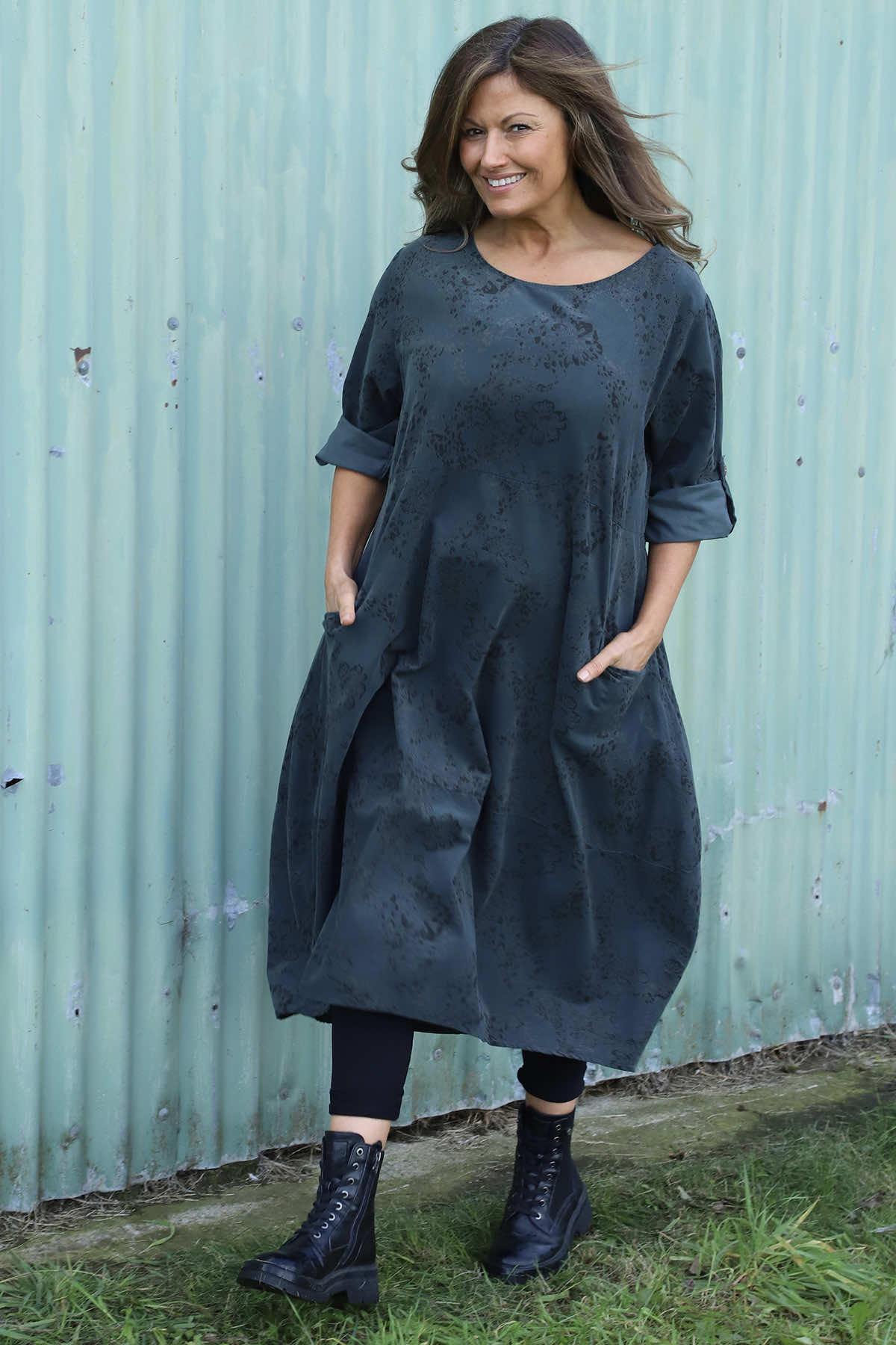 Penelope Pattern Pocket Needlecord Dress Charcoal